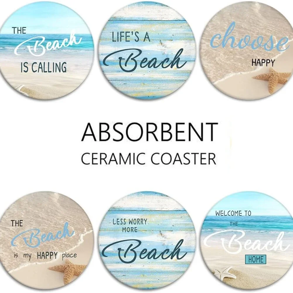 Coaster for Drinks Set of 6, Beach Shell Antique Teal Blue Table Absorbent Round